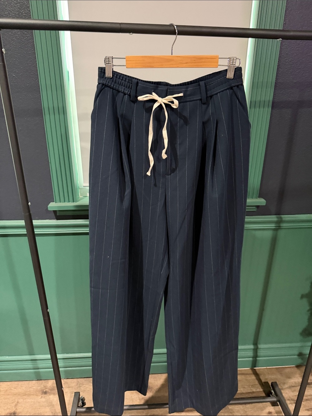 Anthropologie Navy Pinstripe Drawstring Trousers